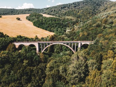 Slovakya 'daki tarihi taş tren köprüsünün havadan görünüşü. Yüksek, tamamen korunmuş taş kemer demiryolu köprüsü.