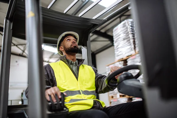 Portrait of multiracial warehouse worker driving forklift. Warehouse worker preparing products for shipmennt, delivery, checking stock in warehouse.