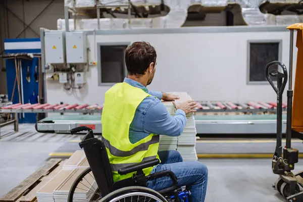 Man Wheelchair Working Modern Industrial Factory Adjustable Workstation Concept Workers — Stock Photo, Image