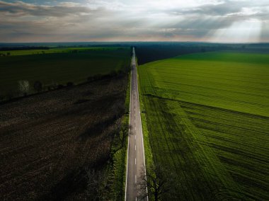 Yeşil yaz tarlalarının, yollu ve dağlı otlakların havadan görünüşü.