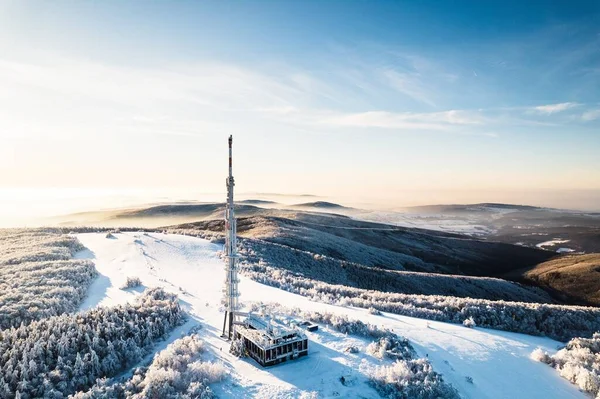 Aerial View Transmitter Cell Tower Surrounded Forest Winter Drone View — Stock Photo, Image