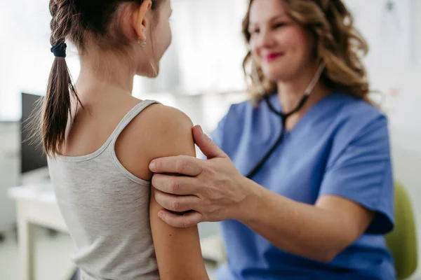 Orthopedist Examines Spine Posture Spinal Deformities Little Girl Girl Visiting — Stock Photo, Image
