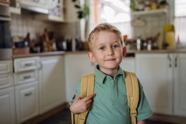Portrait Schoolboy Backpack Back Standing Kitchen Preparation School Day Morning — Stock Photo, Image