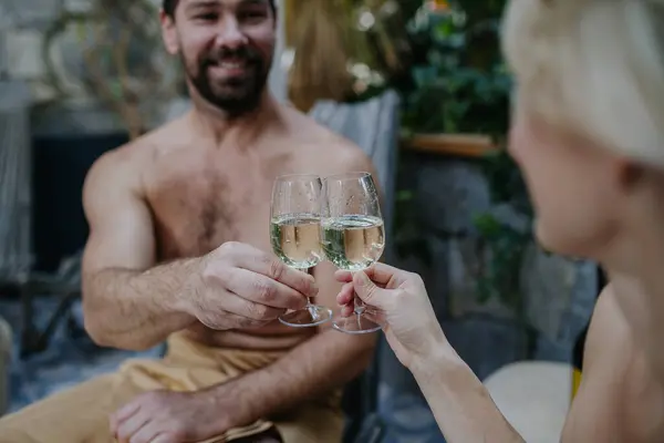 Beautiful Couple Toasting Drinking Champagne Enjoying Romantic Wellness Weekend Spa — Stock Photo, Image