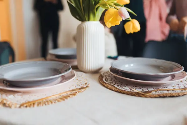 Close Setting Table Traditional Easter Lunch Recreating Family Traditions Customs — Stock Photo, Image