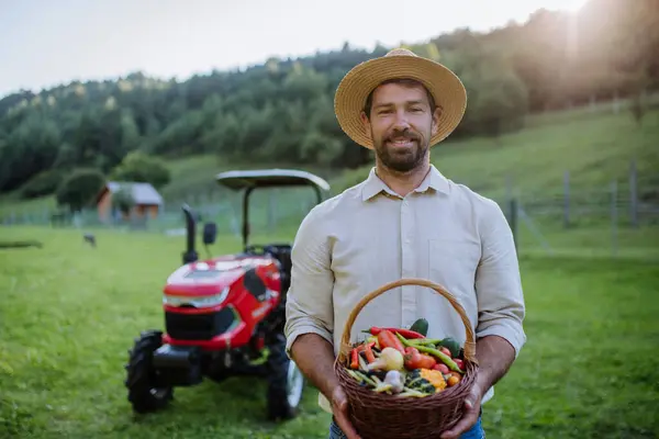Portrait Farmer Holding Harvest Basket Full Fresh Vegetables Harvesting Crops — Stock Photo, Image