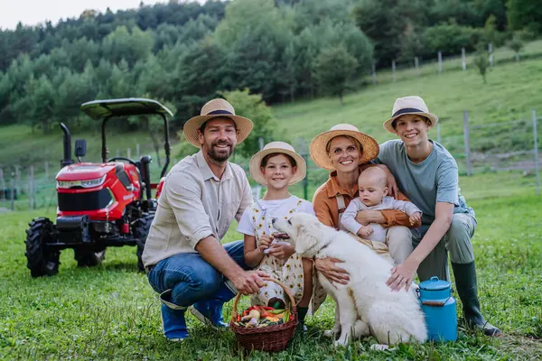 Çiftçilerin Portresi Taze Sebzelerle Dolu Hasat Sepetini Tutuyor Ekinleri Toplamak — Stok fotoğraf