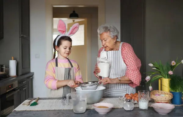 Grandmother Grandaughter Preparing Traditional Easter Meals Baking Cakes Sweets Passing — Stock Photo, Image