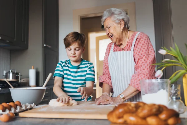 Grandmother Grandson Preparing Traditional Easter Meals Kneading Dough Easter Cross — Stock Photo, Image