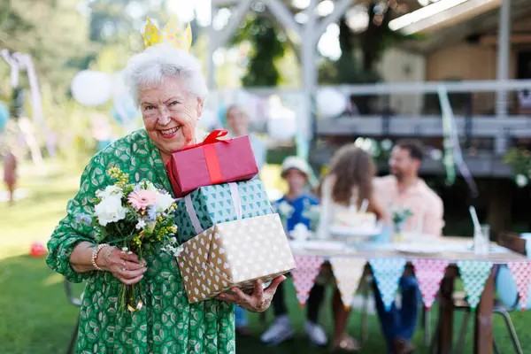 Portrit Senior Birthday Woman Holding Gifts Bouquet Hands Garden Birthday — Stock Photo, Image