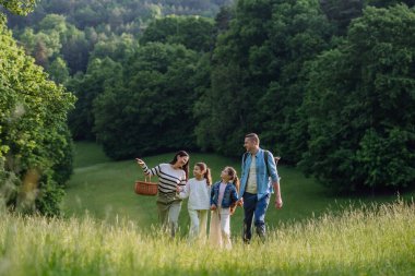 Family on walk in forest, going through meadow. Picking mushrooms, herbs and flowers picking in basket, foraging. Concept of family ecological hobby in nature. clipart