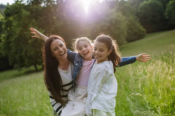 Beautiful Mother Two Daughters Playing Meadow Laughing Having Fun Concept — Stock Photo, Image