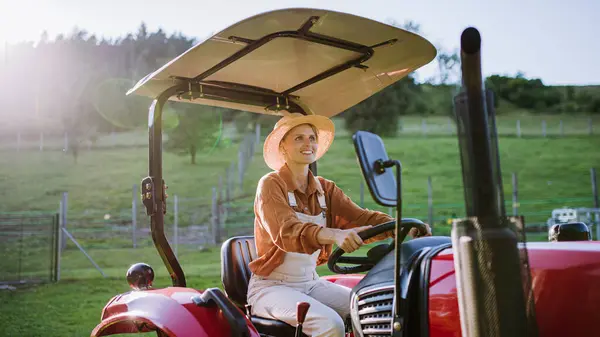 Progressive Female Farmer Driving Tractor Her Own Farm Concept Women — Stock Photo, Image