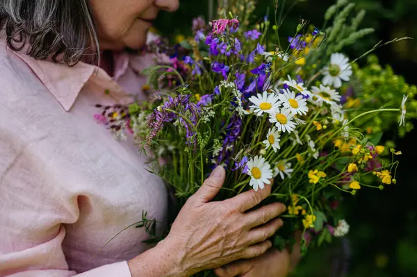 Woman Holding Beautiful Bouquet Meadow Flowers Colorful Variety Summer Wildflowers — Stock Photo, Image