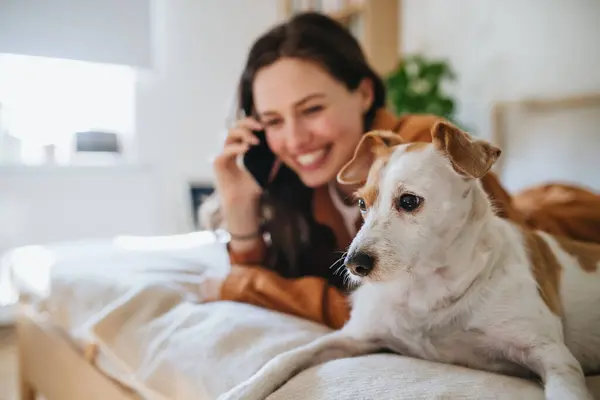 Young woman living alone in apartment, enjoying weekend. Beautiful single woman lying on bed, petting her dog, and making phone call.