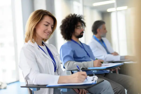 Group Doctors Conference Medical Team Sitting Listening Presenter Medical Experts — Stock Photo, Image