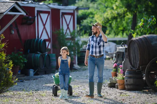 农民家庭 父亲和年幼的女儿走过家庭农场 多代农业的概念 — 图库照片