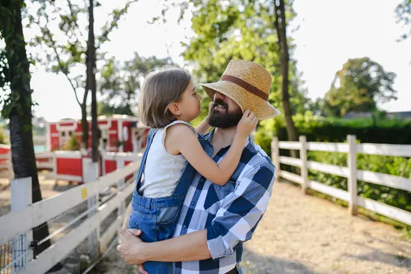Portrait Farmer Family Father Young Daughter Standing Wooden Fence Family Stock Photo