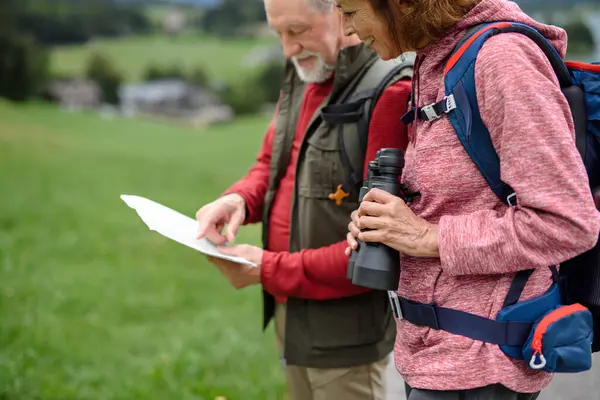Active elderly couple hiking together in mountains, enjoying nature. Senior tourists looking at route on a map.