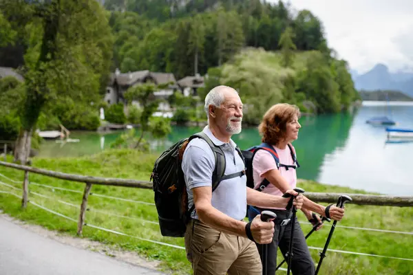 Retrato Casal Idosos Ativos Caminhando Juntos Nas Montanhas Turistas Seniores — Fotografia de Stock