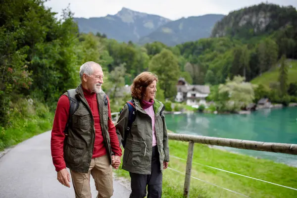 Aktive Senioren Wandern Gemeinsam Den Herbstbergen Und Halten Händchen Senioren — Stockfoto