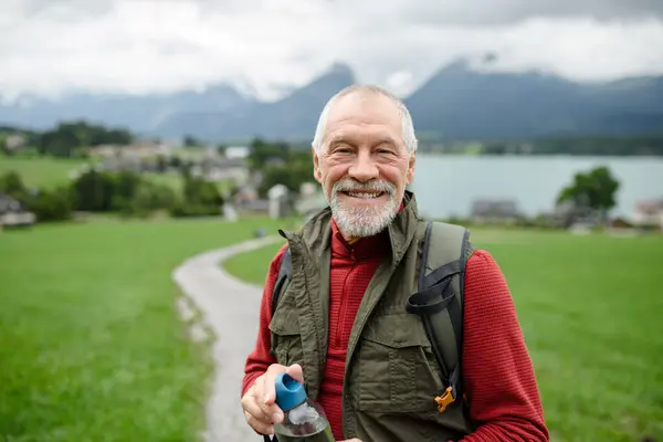 Porträt Eines Lächelnden Älteren Mannes Der Mit Trekkingstöcken Freien Auf lizenzfreie Stockbilder