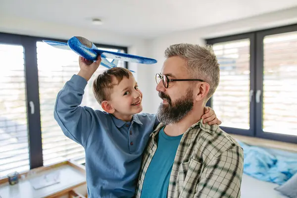 Playing Lightweight Styrofoam Planes Playful Father Son Throwing Flying Foam — Stock Photo, Image