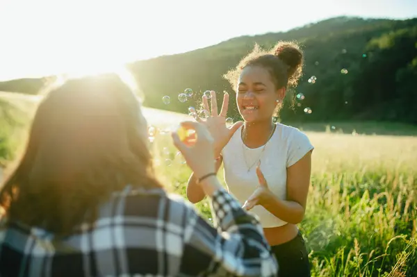 Cheerful Young Teenager Girl Best Friends Spending Time Nature Sunset — Stock Photo, Image