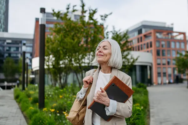 Mature Businesswoman Going Home Work Enjoying Beautiful Weather Free Time Royalty Free Stock Images