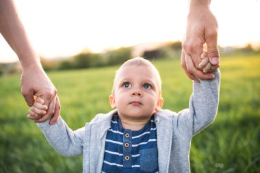 Yeni anne-baba kucağında küçük bir bebekle onu sallıyor. Aile ilkbaharda doğa yürüyüşünde. Mutlu aile anları.