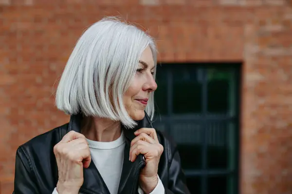 Portrait Stylish Mature Woman Gray Hair City Street Outdoor Older Stock Image