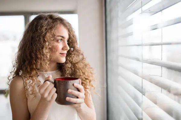 Morning Routine Beautiful Woman Curly Hair Drinking Cup Coffee Looking Telifsiz Stok Fotoğraflar