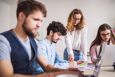 Yeni açılan bir şirket ofisinde yeni bir proje üzerinde çalışan bir grup genç iş arkadaşı. Eş zamanlı çalışma alanında çalışmak.