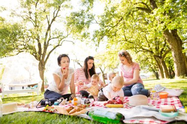 Anneler ve bebekler parkta grup pikniğinin tadını çıkarıyorlar piknik battaniyesine oturup yiyecek ve içecek hazırlıyorlar. Çocuklarla yaz.