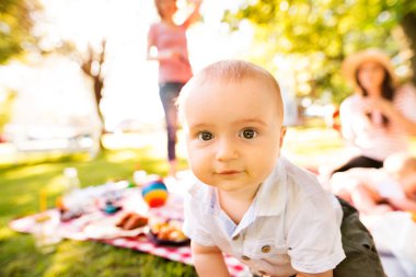 Piknik battaniyesinde emekleyen bebek, şehir parkında grup pikniği.