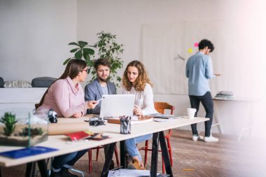 Yeni açılan bir şirket ofisinde yeni bir proje üzerinde çalışan bir grup genç iş arkadaşı. Eş zamanlı çalışma alanında çalışmak.