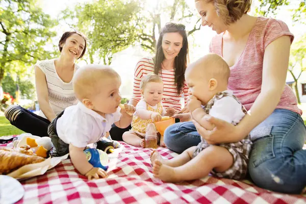 stock image Mothers and babies enjoying group picnic outdoor in park, sitting on picnic blanket and preparing food and drinks. Summer with children.