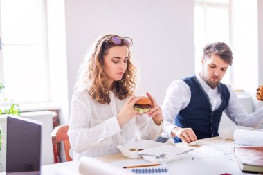 Genç bir grup iş arkadaşı yeni açılan bir şirkette yemek yiyorlar. Eş zamanlı çalışma alanında çalışmak.