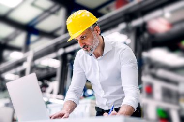 Proje yöneticisi modern endüstriyel fabrikada bilgisayar başında, telefonla konuşuyor. Robot, robotik kollar ve otomasyon ile üretim tesisi.