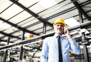Proje yöneticisinin portresi modern endüstriyel fabrikada duruyor, telefon görüşmesi yapıyor. Robot, robotik kollar ve otomasyon ile üretim tesisi.
