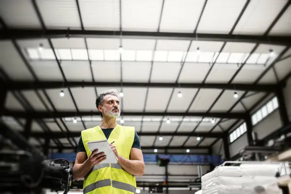 stock image Warehouse employee in warehouse. Male worker in reflective clothing in modern industrial factory, heavy industry.