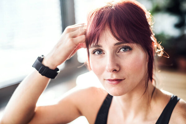 Headshot Beautiful Redhead Woman Fitness Routine Home Workout Gym Living Stock Picture