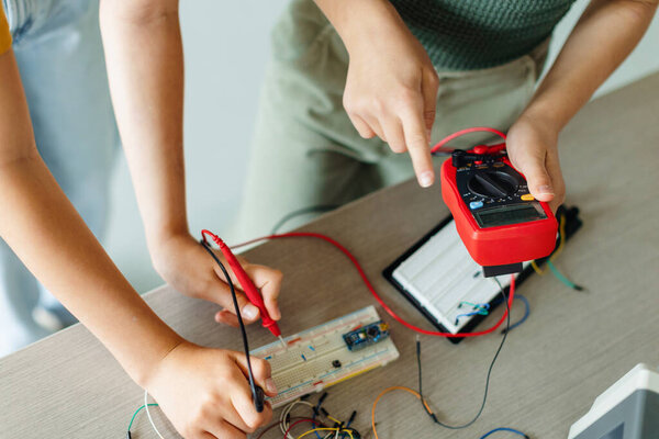Classmates Working Togeter Circuit Board Building Robot School Robotics Club Stock Picture