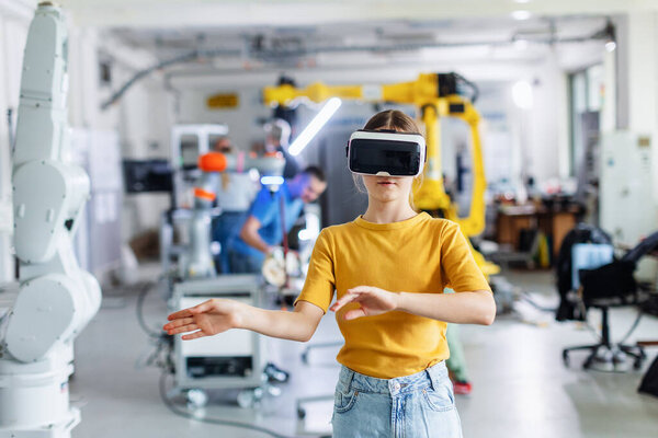 Portrait Schoolgirl Headset Head Children Learning Robotics Elementary School Using Stock Picture