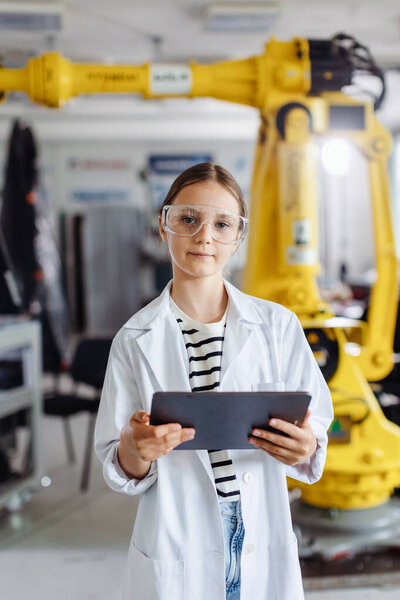 Portrait Young Girl Robotic Laboratory Wearing Lab Coat Safety Eyeglasses Royalty Free Stock Photos