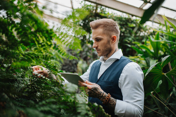 Businessman Tablet Standing Botanical Garden Middle Lush Green Foliage Looking Royalty Free Stock Photos