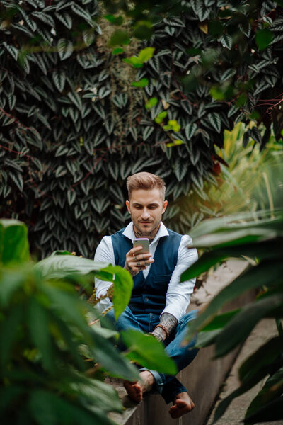 Businessman Smartphone Sitting Botanical Garden Middle Lush Green Foliage Concept Stock Picture
