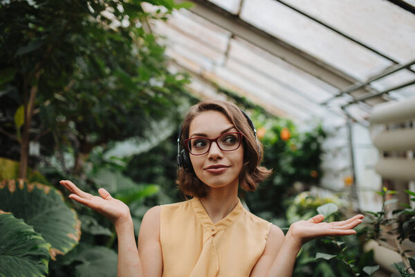 Woman Standing Botanical Garden Middle Lush Green Foliage Stock Photo