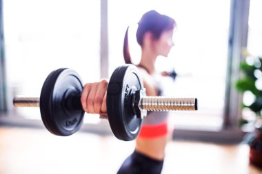 Güzel kızıl saçlı kadınlar dambılla evde egzersiz yapıyorlar. Oturma odasında spor salonu idmanı, spor kıyafetleri giyen bir kadın..