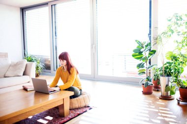 Kızıl saçlı kadın ofisten çalışırken dizüstü bilgisayarda yazı yazıyor. Şehirdeki dairesinden uzaktan çalışan iş kadını..
